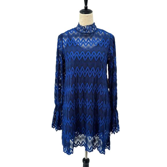 Free People NWT Simone Blue & Black Lace Long Flounce Sleeve Mini Dress - Picture 4 of 16